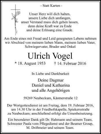 Traueranzeige von Ulrich Vogel von Die Glocke