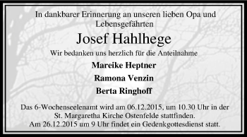 Traueranzeige von Josef Hahlhege von Die Glocke