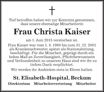 Traueranzeige von Christa Kaiser von Die Glocke