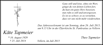 Traueranzeige von Käte Tapmeier von Die Glocke