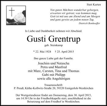 Traueranzeige von Gusti Grentrup von Die Glocke