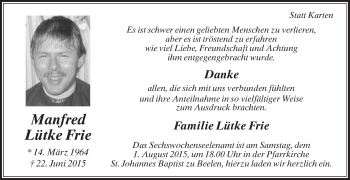 Traueranzeige von Manfred Lütke Frie von Die Glocke