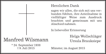 Traueranzeige von Manfred Wilsmann von Die Glocke