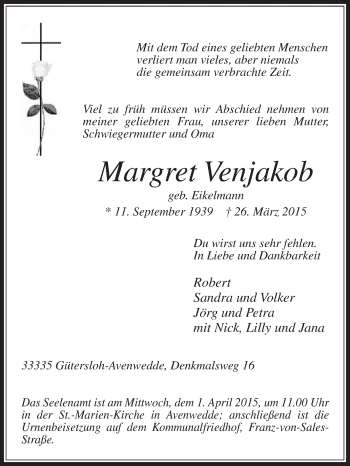 Traueranzeige von Margret Venjakob von Die Glocke