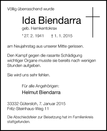 Traueranzeige von Ida Biendarra von Die Glocke