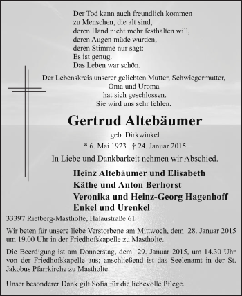 Traueranzeige von Gertrud Altebäumer von Die Glocke