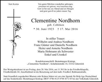 Traueranzeige von Clementine Nordhorn von Die Glocke