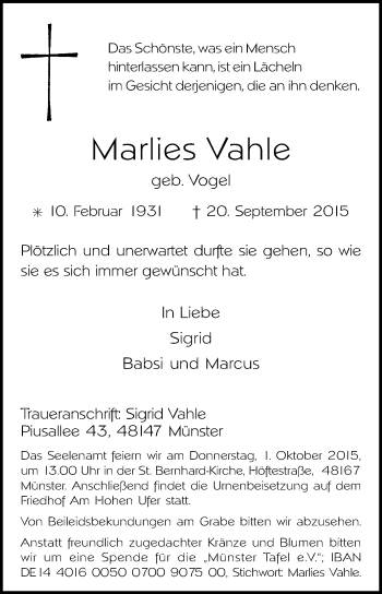 Traueranzeige von Marlies Vahle von Die Glocke