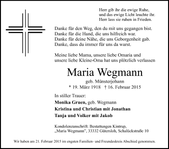 Traueranzeige von Marie Wegmann von Die Glocke