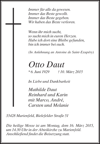 Traueranzeige von Otto Daut von Die Glocke