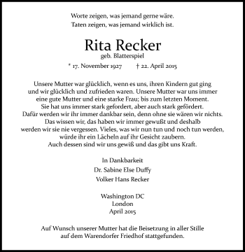 Traueranzeige von Rita Recker von Die Glocke