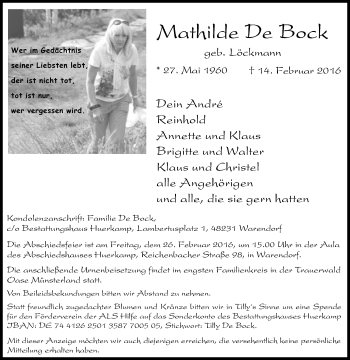 Traueranzeige von Mathilde De Bock von Die Glocke