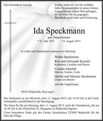 Traueranzeige von Ida Speckmann von Die Glocke