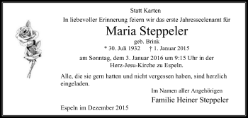 Traueranzeige von Maria Steppeler von Die Glocke