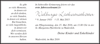Traueranzeige von Walburga Lütkestratkötter von Die Glocke