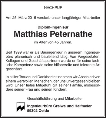 Traueranzeige von Matthias Peternathe von Die Glocke