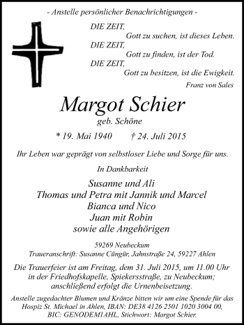 Traueranzeige von Margot Schier von Die Glocke