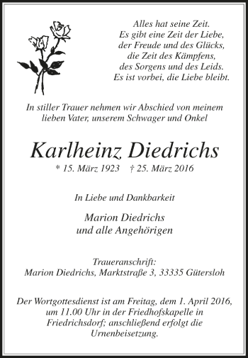 Traueranzeige von Karlheinz Diedrichs von Glocke Trauer