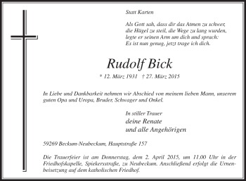 Traueranzeige von Rudolf Bick von Die Glocke