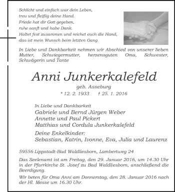 Traueranzeige von Anni Junkerkalefeld von Die Glocke