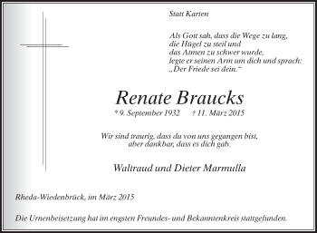 Traueranzeige von Renate Braucks von Die Glocke