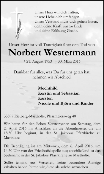 Traueranzeige von Norbert Westermann von Die Glocke