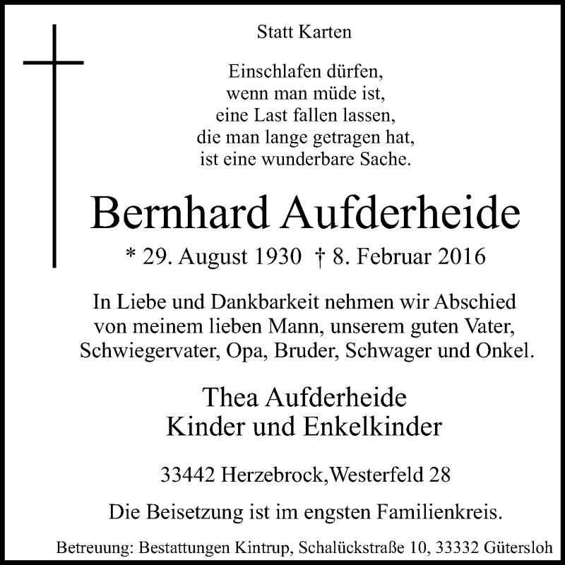  Traueranzeige für Bernhard Aufderheide vom 12.02.2016 aus Die Glocke