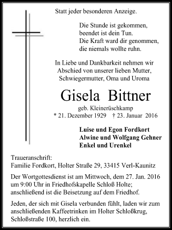 Traueranzeige von Gisela Bittner von Die Glocke