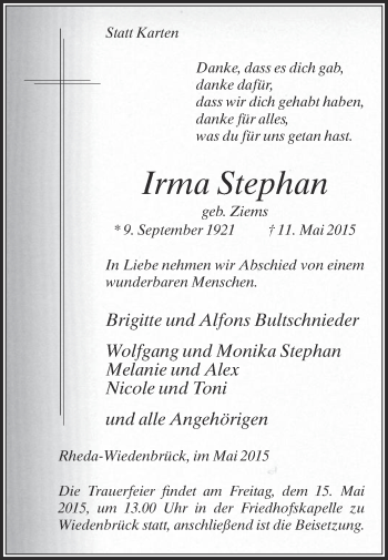 Traueranzeige von Irma Stephan von Die Glocke