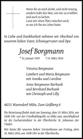 Traueranzeige von Josef Borgmann von Die Glocke