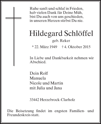 Traueranzeige von Hildegard Schlöffel von Die Glocke