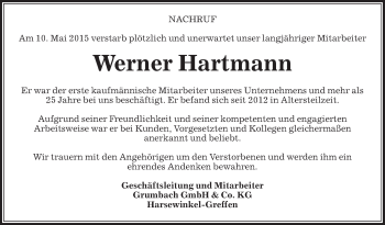 Traueranzeige von Werner Hartmann von Die Glocke