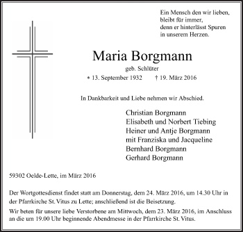 Traueranzeige von Maria Borgmann von Die Glocke