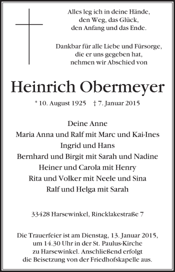 Traueranzeige von Heinrich Obermeyer von Die Glocke