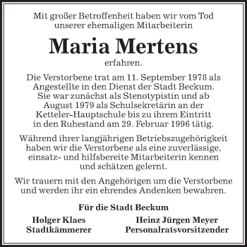 Traueranzeige von Maria Mertens von Die Glocke