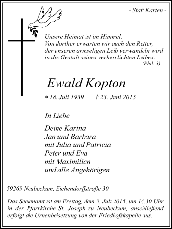 Traueranzeige von Ewald Kopton von Die Glocke