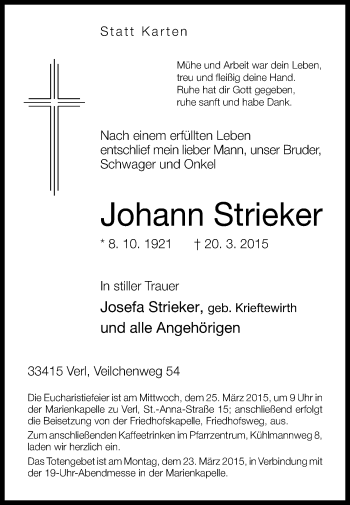 Traueranzeige von Johann Strieker von Die Glocke