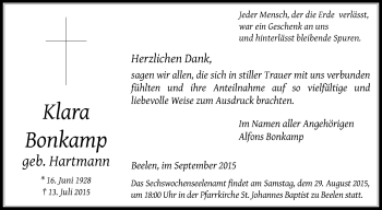 Traueranzeige von Klara Bonkamp von Die Glocke