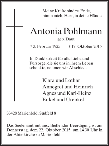 Traueranzeige von Antonia Pohlmann von Die Glocke
