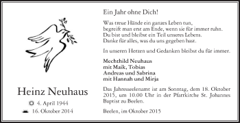 Traueranzeige von Heinz Neuhaus von Die Glocke