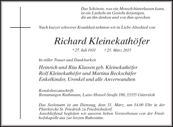 Traueranzeige von Richard Kleinekathöfer von Die Glocke