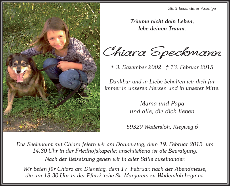  Traueranzeige für Chiara Speckmann vom 16.02.2015 aus Die Glocke