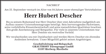 Traueranzeige von Hubert Descher von Die Glocke