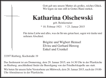 Traueranzeige von Katharina Olschewski von Die Glocke