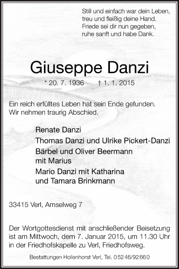 Traueranzeige von Giuseppe Danzi von Die Glocke