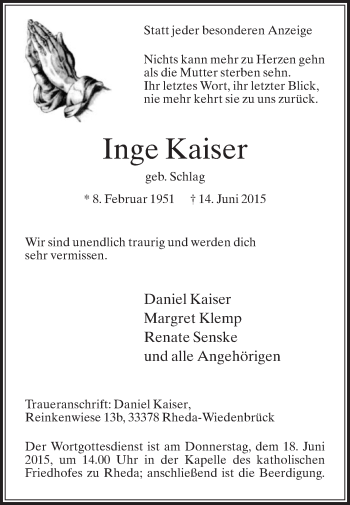 Traueranzeige von Inge Kaiser von Die Glocke