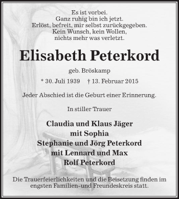 Traueranzeige von Elisabeth Peterkord von Die Glocke