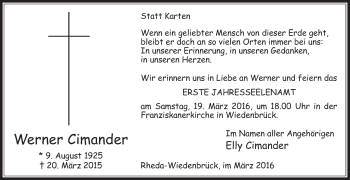 Traueranzeige von Werner Cimander von Die Glocke