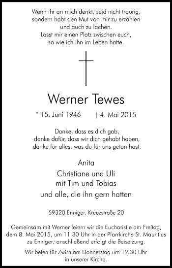 Traueranzeige von Werner Tewes von Die Glocke