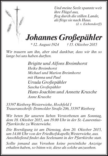 Traueranzeige von Johannes Großepähler von Die Glocke